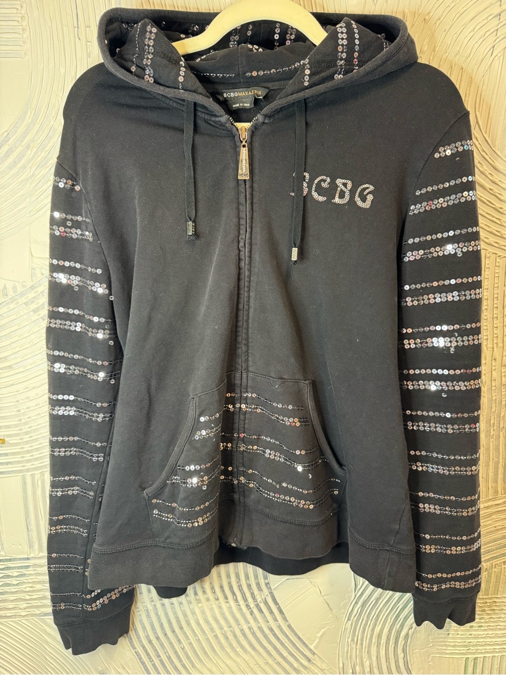 BCBGMaxAzria Y2K Black Sequin-Trim Hoodie N0561